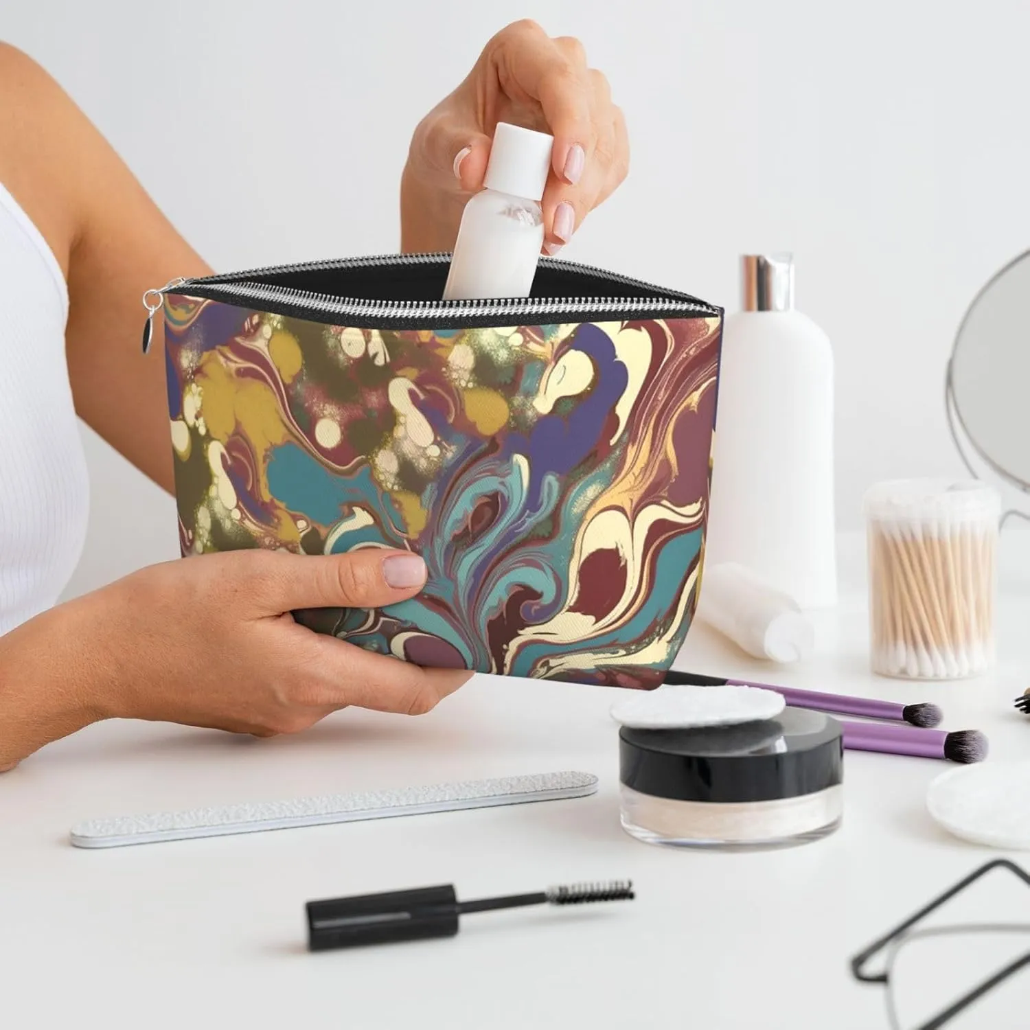 Leather Makeup Bag for Women Travel Toiletry Bag Romano Art Cosmetic Bag Large Makeup Pouch with Zipper