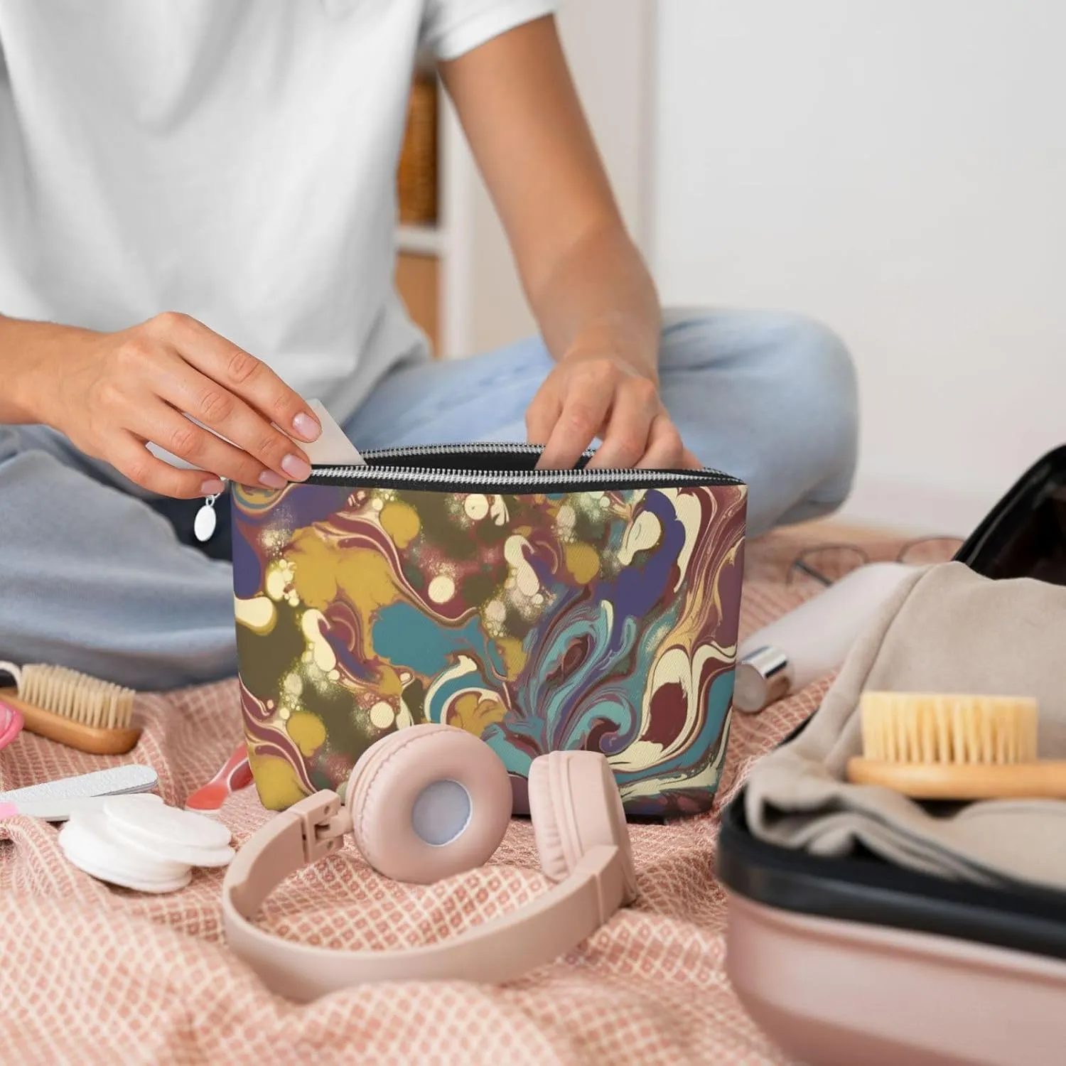 Leather Makeup Bag for Women Travel Toiletry Bag Romano Art Cosmetic Bag Large Makeup Pouch with Zipper