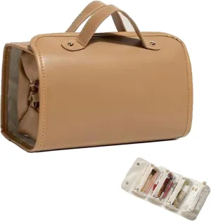 Leather Waterproof Cosmetic Bag Detachable 4 in 1, Travel Toiletry Bag Hanging Makeup Bag with 4 Clear Detachable Compartment, Waterproof Foldable Roll up Toiletry Bag (Brown)
