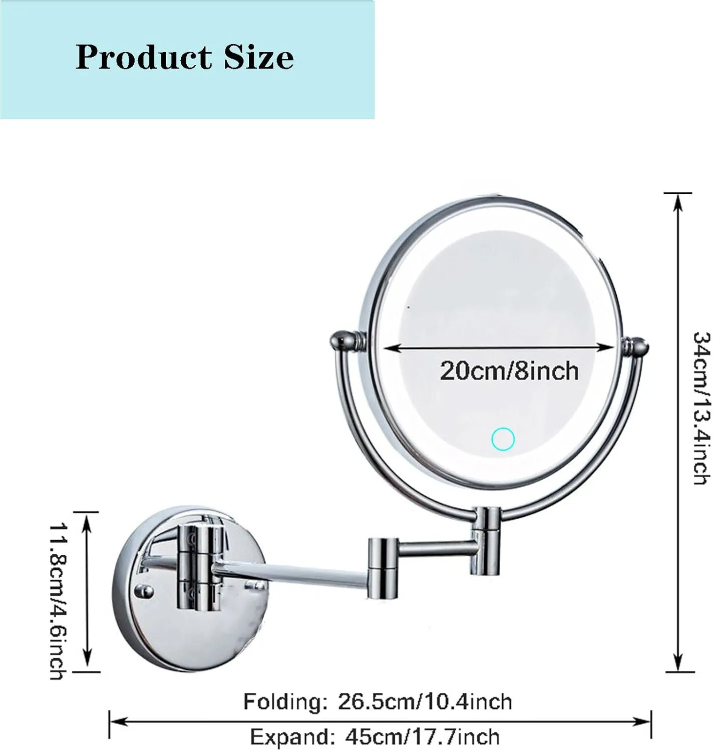 LED Wall Mounted Makeup Mirror, 360° Rotating Cosmetic Mirror, Retractable Vanity Mirror, Touch Sensitive Shaving Mirror, Magnifying Mirror for Bathroom Hotel