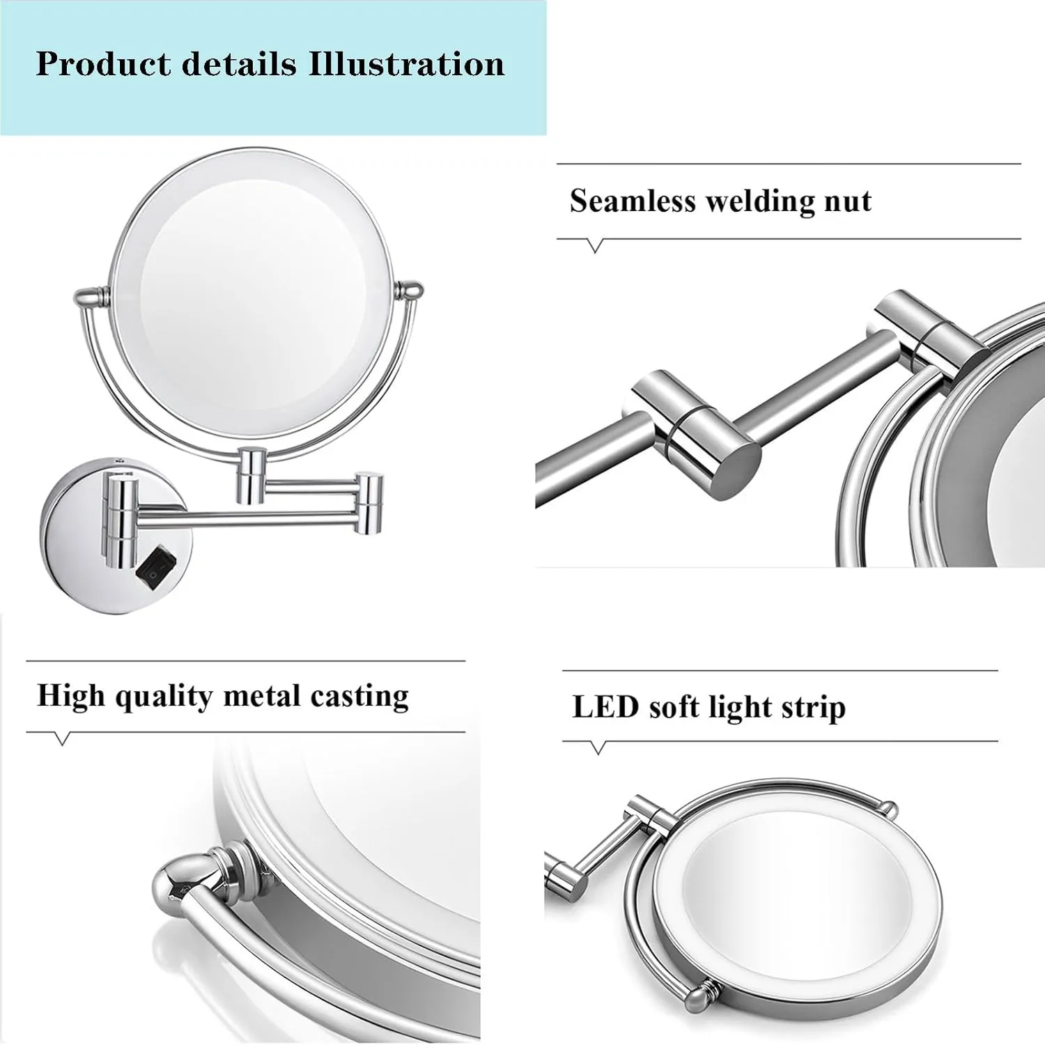 LED Wall Mounted Makeup Mirror, 360° Rotating Cosmetic Mirror, Retractable Vanity Mirror, Touch Sensitive Shaving Mirror, Magnifying Mirror for Bathroom Hotel