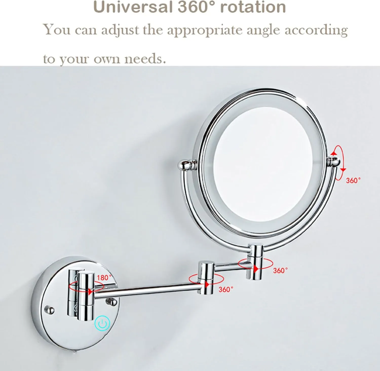 LED Wall Mounted Makeup Mirror, 360° Rotating Cosmetic Mirror, Retractable Vanity Mirror, Touch Sensitive Shaving Mirror, Magnifying Mirror for Bathroom Hotel