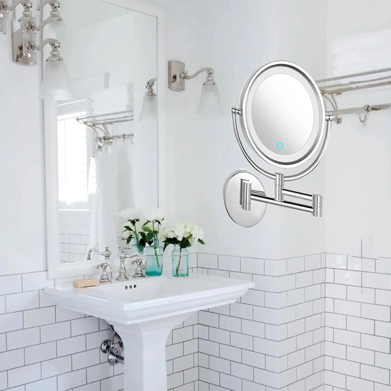 LED Wall Mounted Makeup Mirror, 360° Rotating Cosmetic Mirror, Retractable Vanity Mirror, Touch Sensitive Shaving Mirror, Magnifying Mirror for Bathroom Hotel