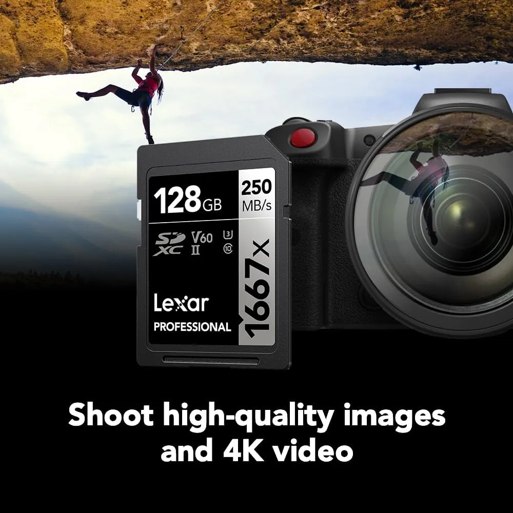 Lexar 128GB (2-Pack) Professional 1667x SD Card, UHS-II, C10, U3, V60, Full HD, 4K, Up To 250MB/s Read SDXC Memory Card, for Professional Photographer, Videographer, Enthusiast (LSD128CBNA16672)