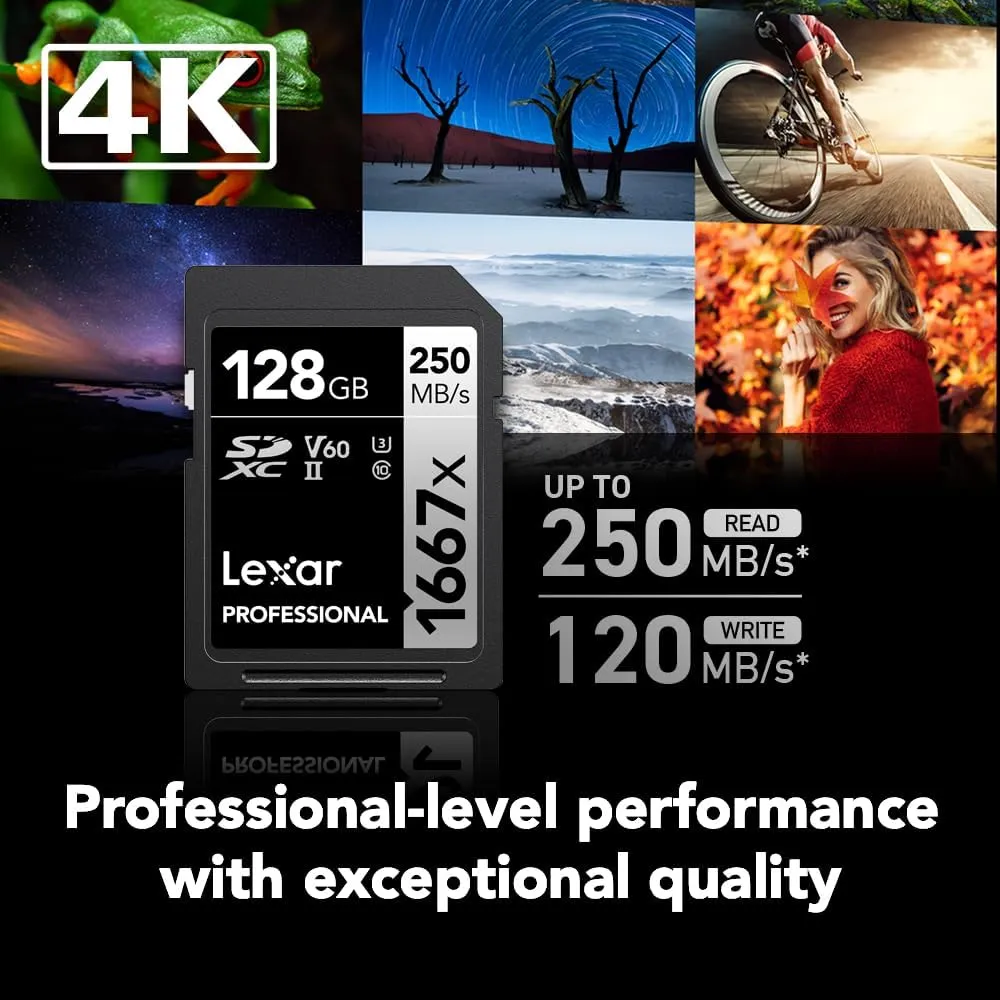 Lexar 128GB (2-Pack) Professional 1667x SD Card, UHS-II, C10, U3, V60, Full HD, 4K, Up To 250MB/s Read SDXC Memory Card, for Professional Photographer, Videographer, Enthusiast (LSD128CBNA16672)