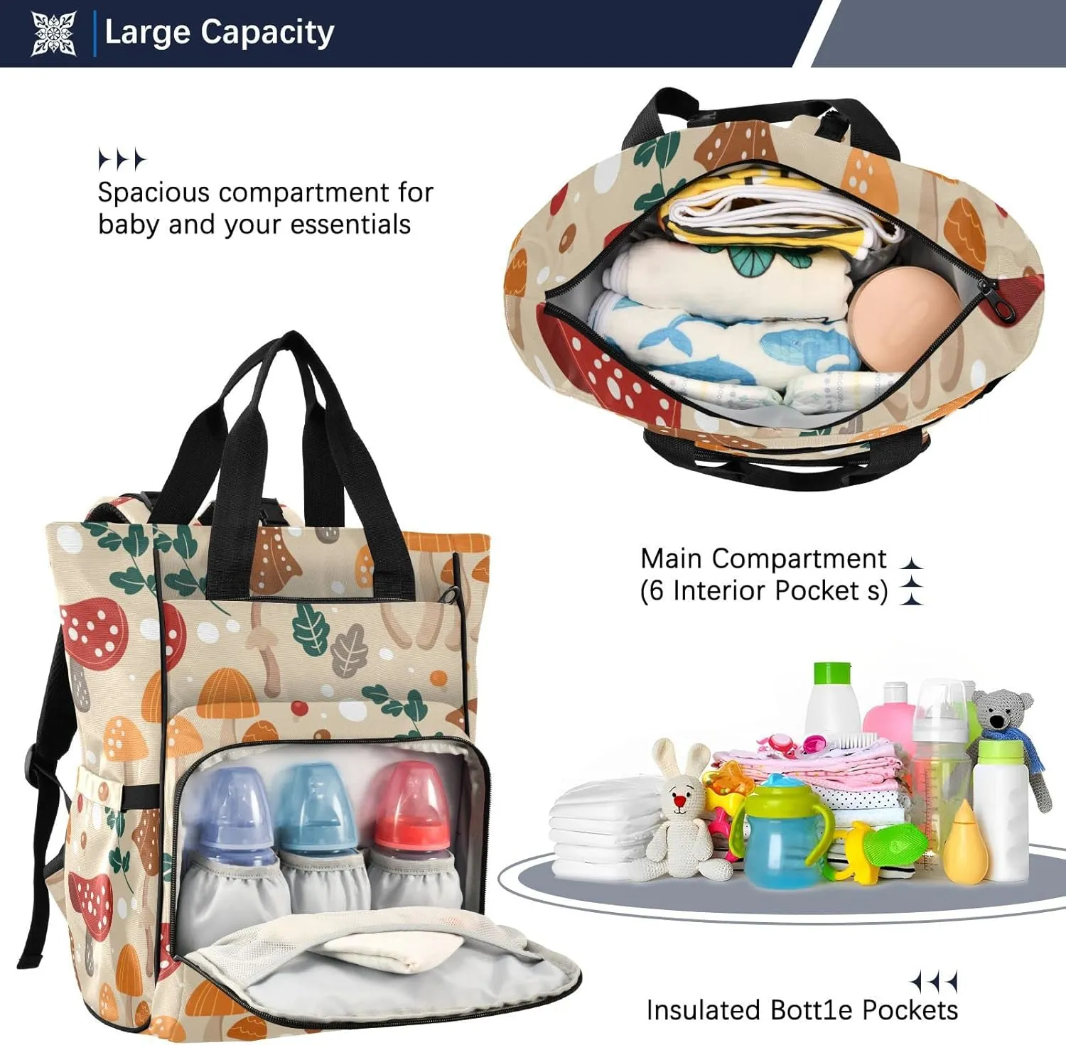 linqin Diaper Bag Backpack, Mushroom Pattern Design Autumn Nature Multifunctional Travel Backpack Maternity Changing Bags, Large Unisex Baby Bag Tote