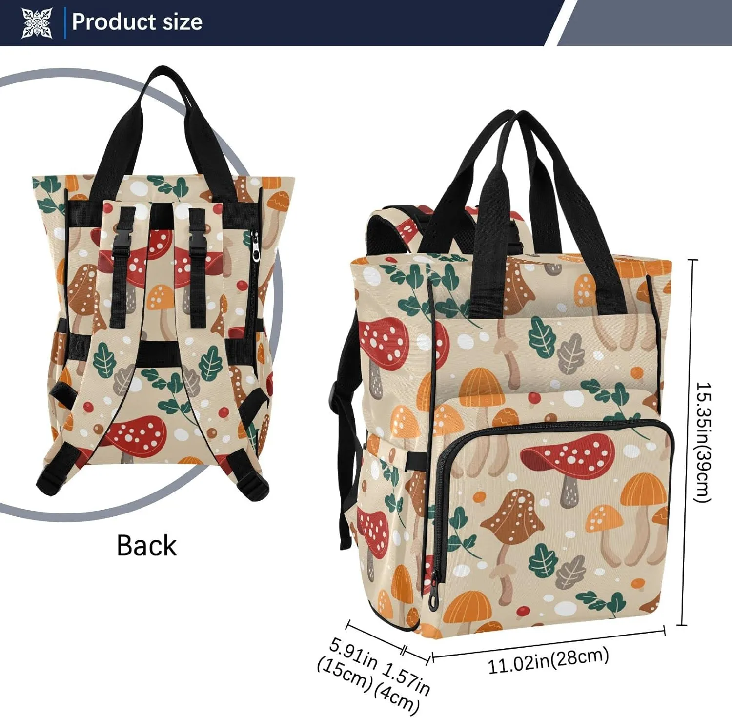 linqin Diaper Bag Backpack, Mushroom Pattern Design Autumn Nature Multifunctional Travel Backpack Maternity Changing Bags, Large Unisex Baby Bag Tote