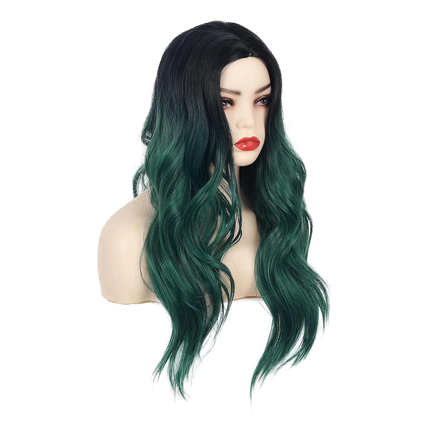 Long Curly Wavy Ombre Green Wigs for Women Synthetic Natural Middle Part Daily Party Halloween Cosplay Wig with Wig Cap 21"
