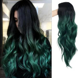Long Curly Wavy Ombre Green Wigs for Women Synthetic Natural Middle Part Daily Party Halloween Cosplay Wig with Wig Cap 21"