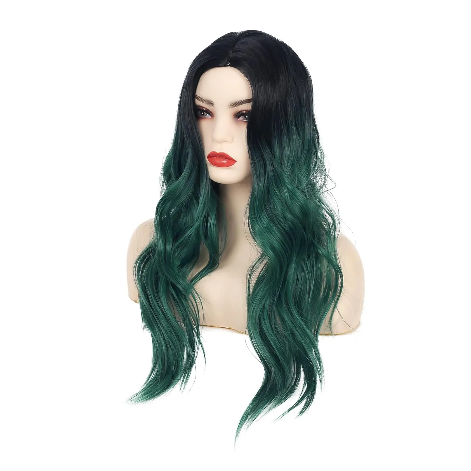 Long Curly Wavy Ombre Green Wigs for Women Synthetic Natural Middle Part Daily Party Halloween Cosplay Wig with Wig Cap 21"
