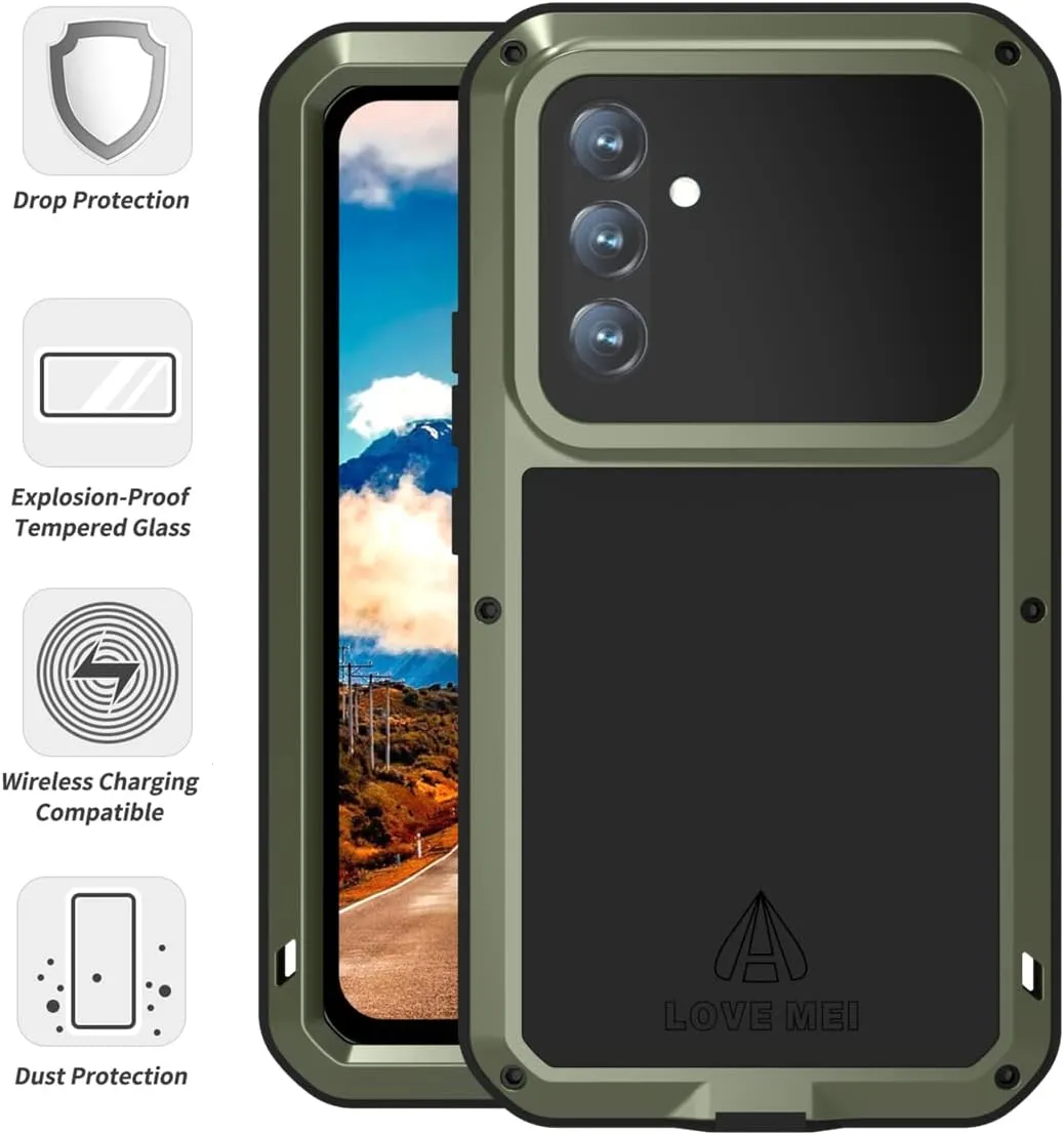 LOVE MEI Compatible with Samsung Galaxy A54 Case, Outdoor Sports Waterproof Military Heavy Duty Shockproof Dustproof Hybrid Aluminum Metal Silicone Tempered Glass Case Hard Cover (Green)