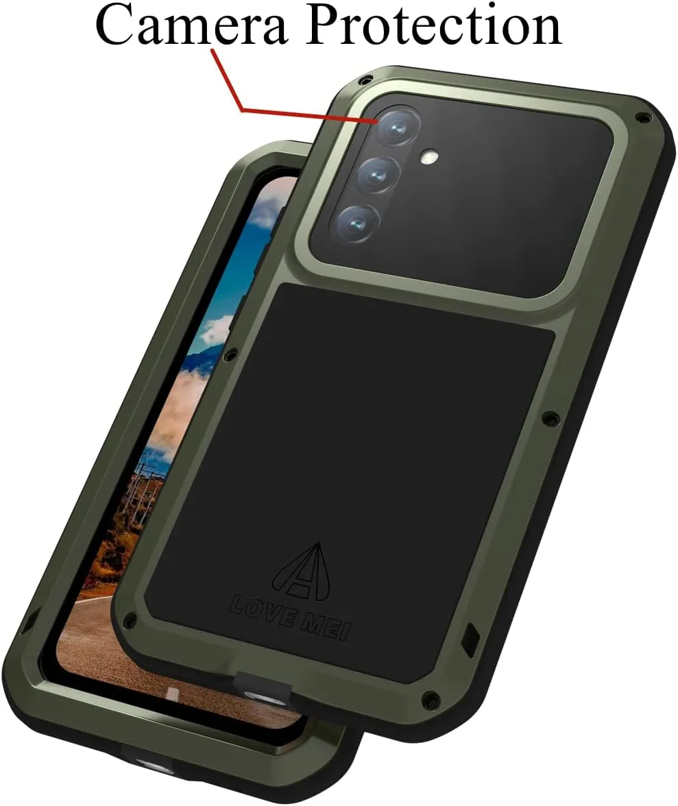 LOVE MEI Compatible with Samsung Galaxy A54 Case, Outdoor Sports Waterproof Military Heavy Duty Shockproof Dustproof Hybrid Aluminum Metal Silicone Tempered Glass Case Hard Cover (Green)