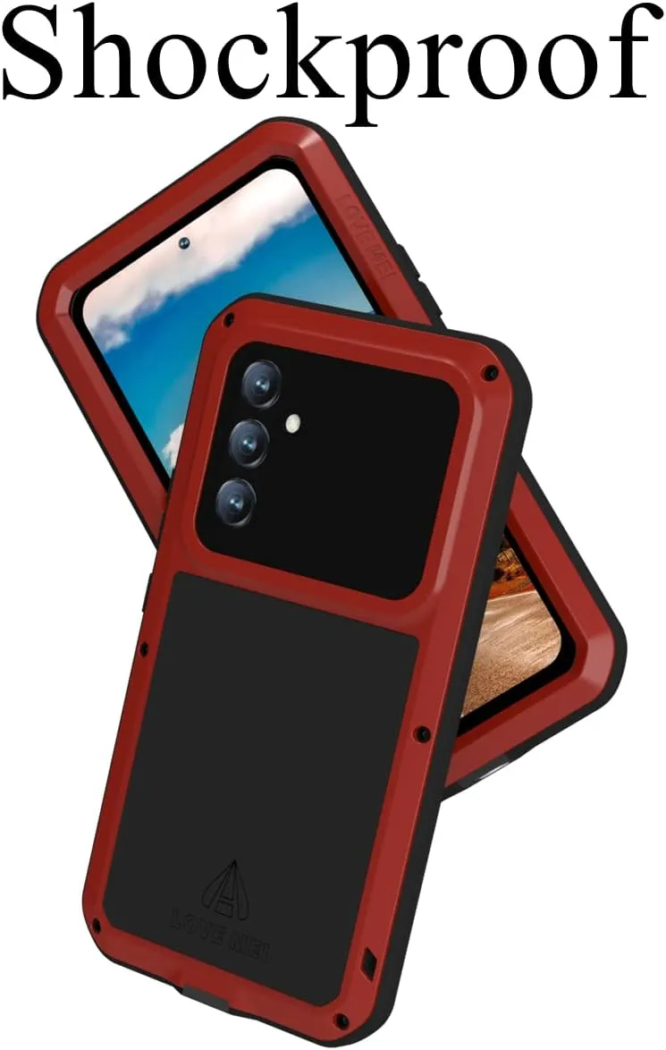 LOVE MEI Compatible with Samsung Galaxy A54 Case, Outdoor Sports Waterproof Military Heavy Duty Shockproof Dustproof Hybrid Aluminum Metal Silicone Tempered Glass Case Hard Cover (Red)