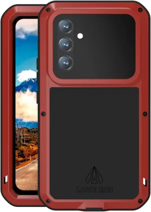 LOVE MEI Compatible with Samsung Galaxy A54 Case, Outdoor Sports Waterproof Military Heavy Duty Shockproof Dustproof Hybrid Aluminum Metal Silicone Tempered Glass Case Hard Cover (Red)