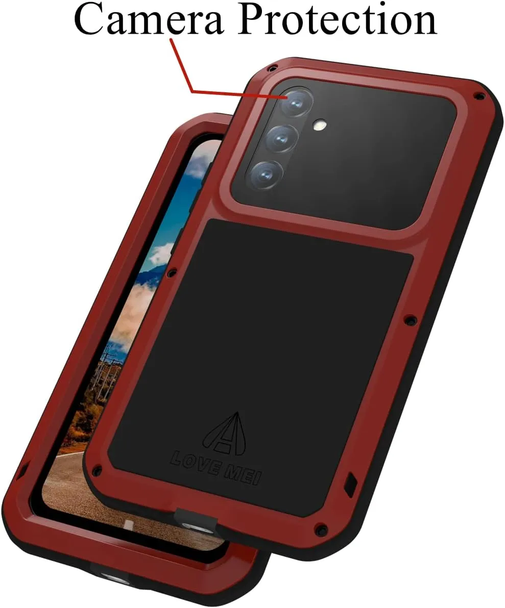 LOVE MEI Compatible with Samsung Galaxy A54 Case, Outdoor Sports Waterproof Military Heavy Duty Shockproof Dustproof Hybrid Aluminum Metal Silicone Tempered Glass Case Hard Cover (Red)
