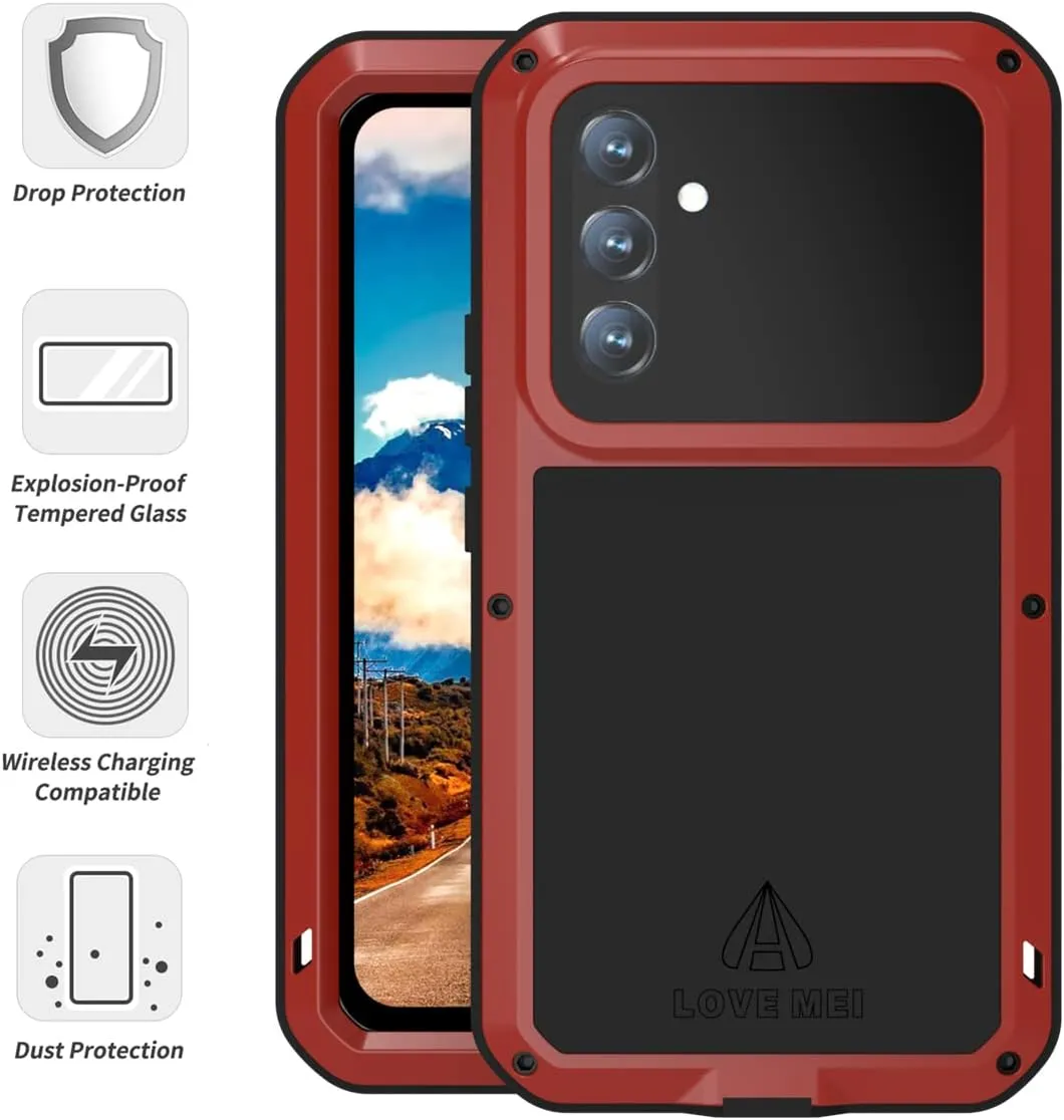 LOVE MEI Compatible with Samsung Galaxy A54 Case, Outdoor Sports Waterproof Military Heavy Duty Shockproof Dustproof Hybrid Aluminum Metal Silicone Tempered Glass Case Hard Cover (Red)
