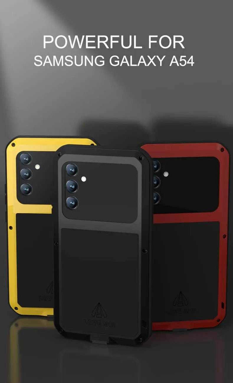 LOVE MEI Compatible with Samsung Galaxy A54 Case, Outdoor Sports Waterproof Military Heavy Duty Shockproof Dustproof Hybrid Aluminum Metal Silicone Tempered Glass Case Hard Cover (Red)