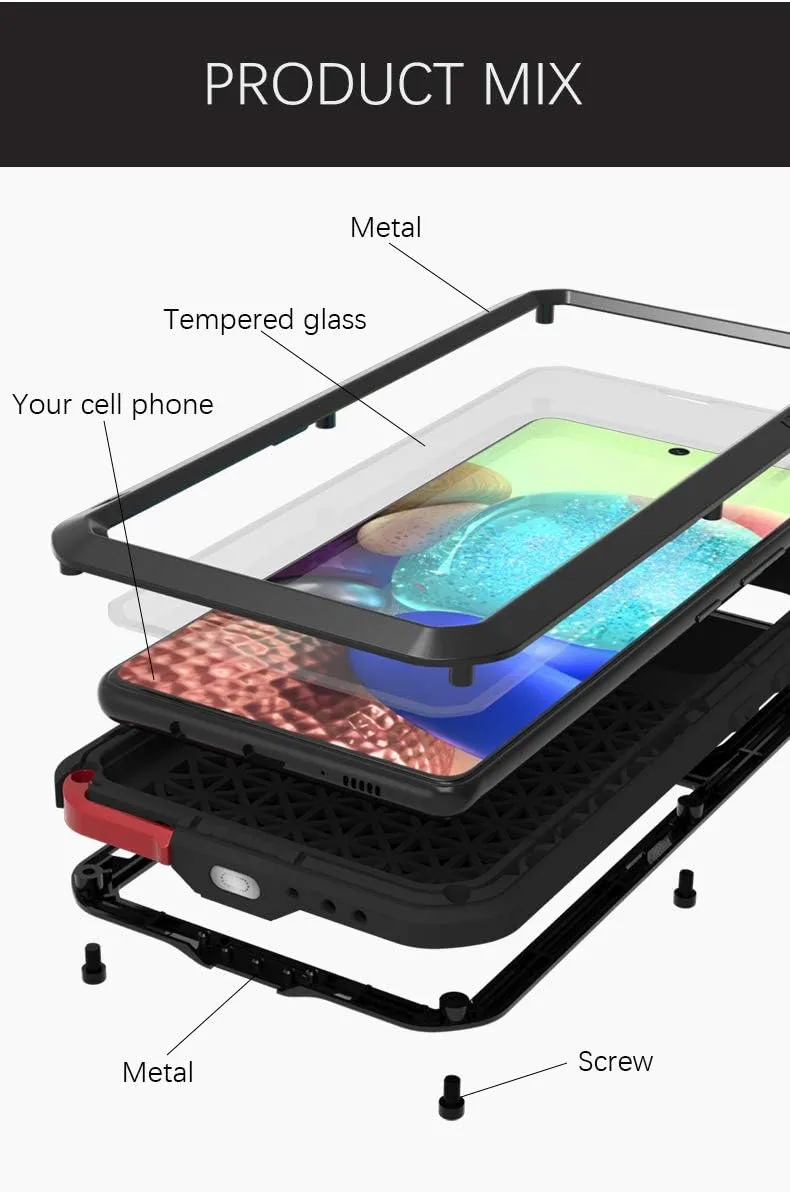 LOVE MEI Compatible with Samsung Galaxy A71 5G Case, Waterproof Military Heavy Duty Shockproof Dust/Dirt Proof Hybrid Aluminum Metal Silicone Tempered Glass Case Hard Cover (Green)