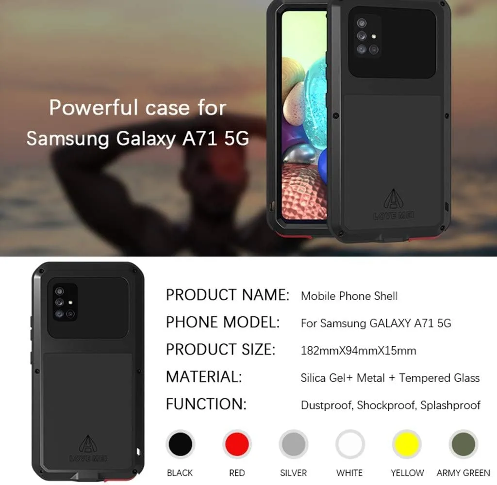 LOVE MEI Compatible with Samsung Galaxy A71 5G Case, Waterproof Military Heavy Duty Shockproof Dust/Dirt Proof Hybrid Aluminum Metal Silicone Tempered Glass Case Hard Cover (Green)
