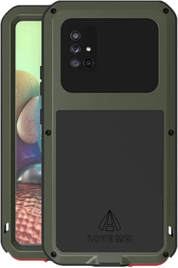 LOVE MEI Compatible with Samsung Galaxy A71 5G Case, Waterproof Military Heavy Duty Shockproof Dust/Dirt Proof Hybrid Aluminum Metal Silicone Tempered Glass Case Hard Cover (Green)