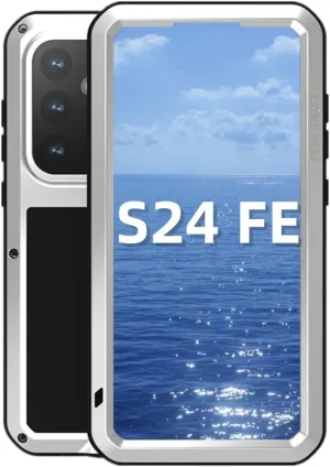 LOVE MEI for Samsung Galaxy S24 FE Case,Outdoor Sports Military Heavy Duty Metal Shockproof Dustproof Full Body Case with Built in Tempered Glass Screen Protector (Silver, S24 FE)
