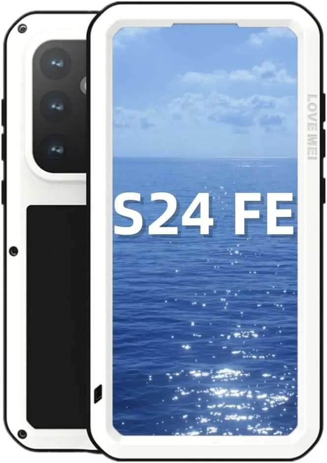 LOVE MEI for Samsung Galaxy S24 FE Case,Outdoor Sports Military Heavy Duty Metal Shockproof Dustproof Full Body Case with Built in Tempered Glass Screen Protector (White, S24 FE)