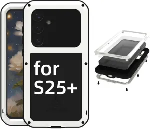 LOVE MEI for Samsung Galaxy S25 /S25 Plus Case,Outdoor Sports Military Heavy Duty Metal Shockproof Dustproof Full Body Case with Built in Tempered Glass Screen Protector (White, S25 )