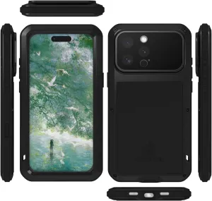 LOVE MEI Military Rugged Case for iPhone 16 Pro Max, with Tempered Glass Screen Protector, Shockproof Dustproof Scratch Proof Hybrid Metal and Silicone Gel Heavy Duty Full Body Cover Black