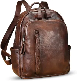 LRTO Genuine Leather Backpack Purse for Women Vintage Casual Daypack College Bag Handmade Cowhide Western Rivets Rucksack (Coffee)