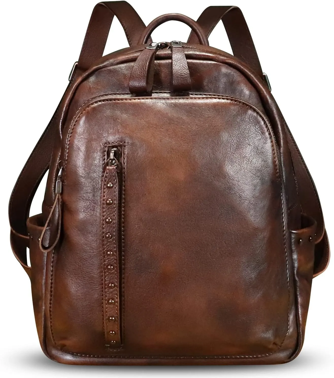 LRTO Genuine Leather Backpack Purse for Women Vintage Casual Daypack College Bag Handmade Cowhide Western Rivets Rucksack (Coffee)