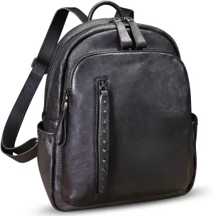 LRTO Genuine Leather Backpack Purse for Women Vintage Casual Daypack College Bag Handmade Cowhide Western Rivets Rucksack (Darkgrey)