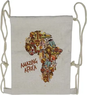 Lunarable African Drawstring Backpack, Map with Native Objects, Sackpack Bag