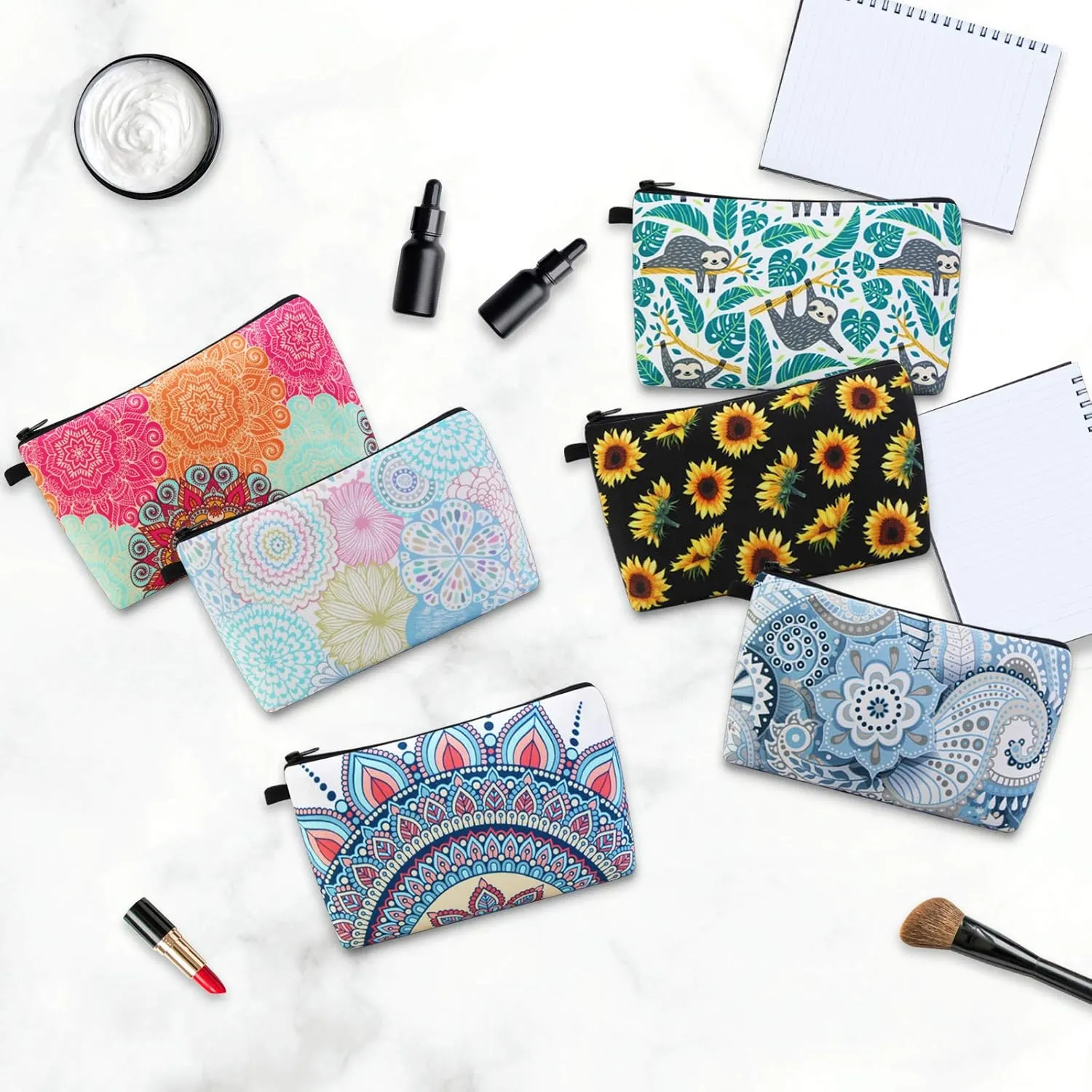 MAGEFY Makeup Bag 6 Styles Portable Travel Cosmetic Bag for Women Flower Patterns Zipper Pouch Sloth Gifts Makeup Pouch with Black Zipper (6 packs)