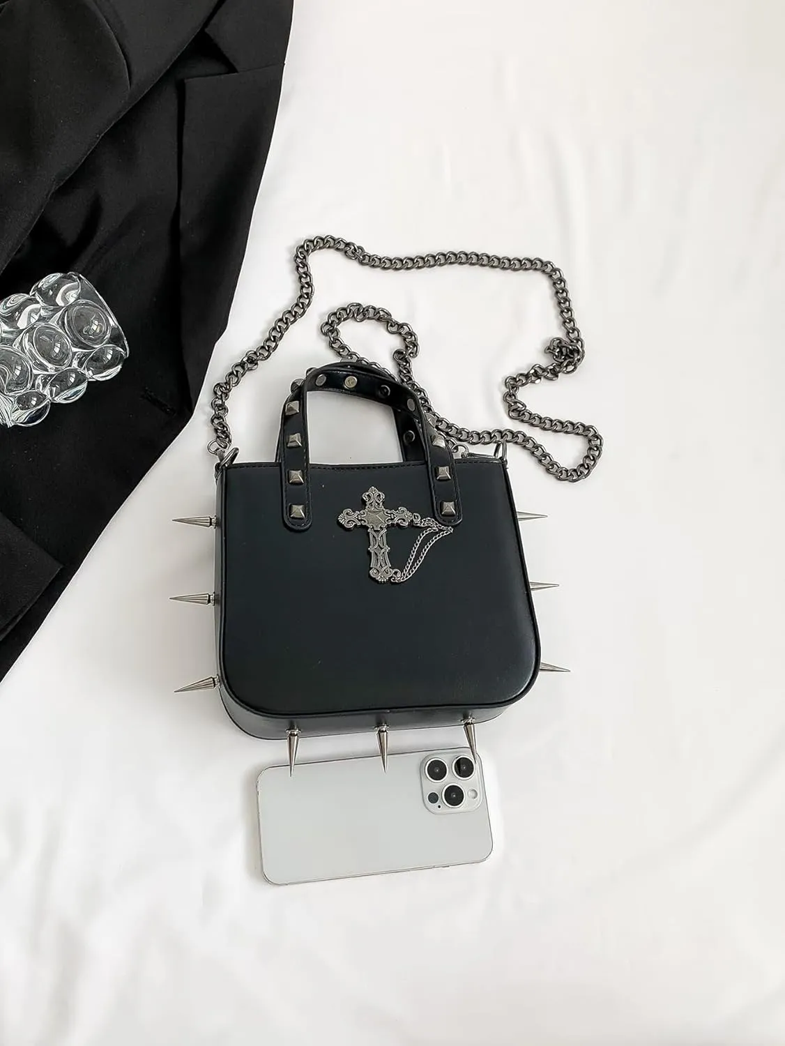 Magic Book Shaped Crossbody Bag Small Letter Print Shoulder Bag Goth Style Square Purse For Women (Black-C)