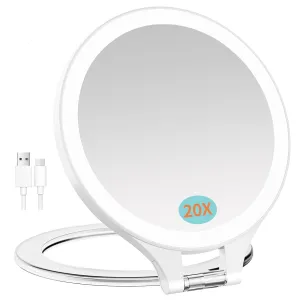 Magnifying Mirror with Light 20X/1X, Double Sided travel mirror with light, Rechargeable makeup mirror with 3 color setting Adjustable stand Lighted mirror Vanity Portable Desk Cosmetic Mirror