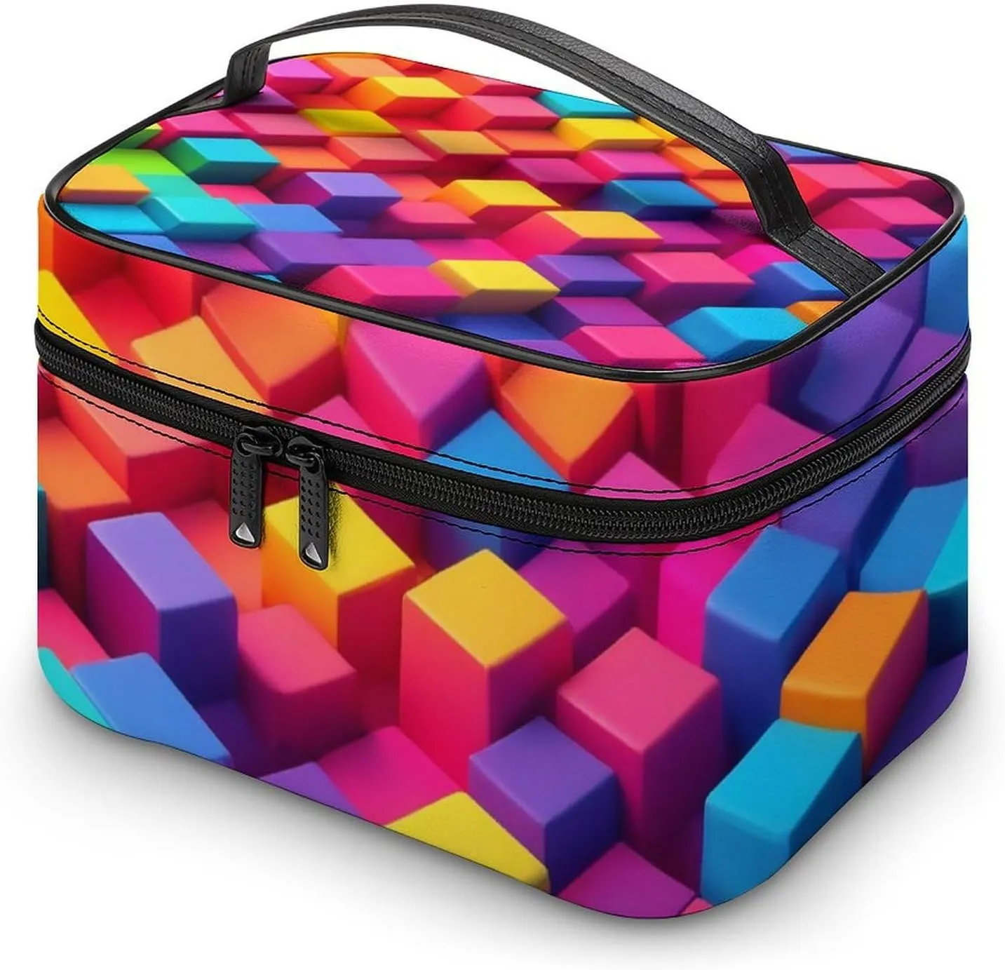 Make Up Bags Rainbow Colorful Blocks Cosmetics Organizer Case for Women, Travel Toiletry Brushes Storage Bag with Carry Handle