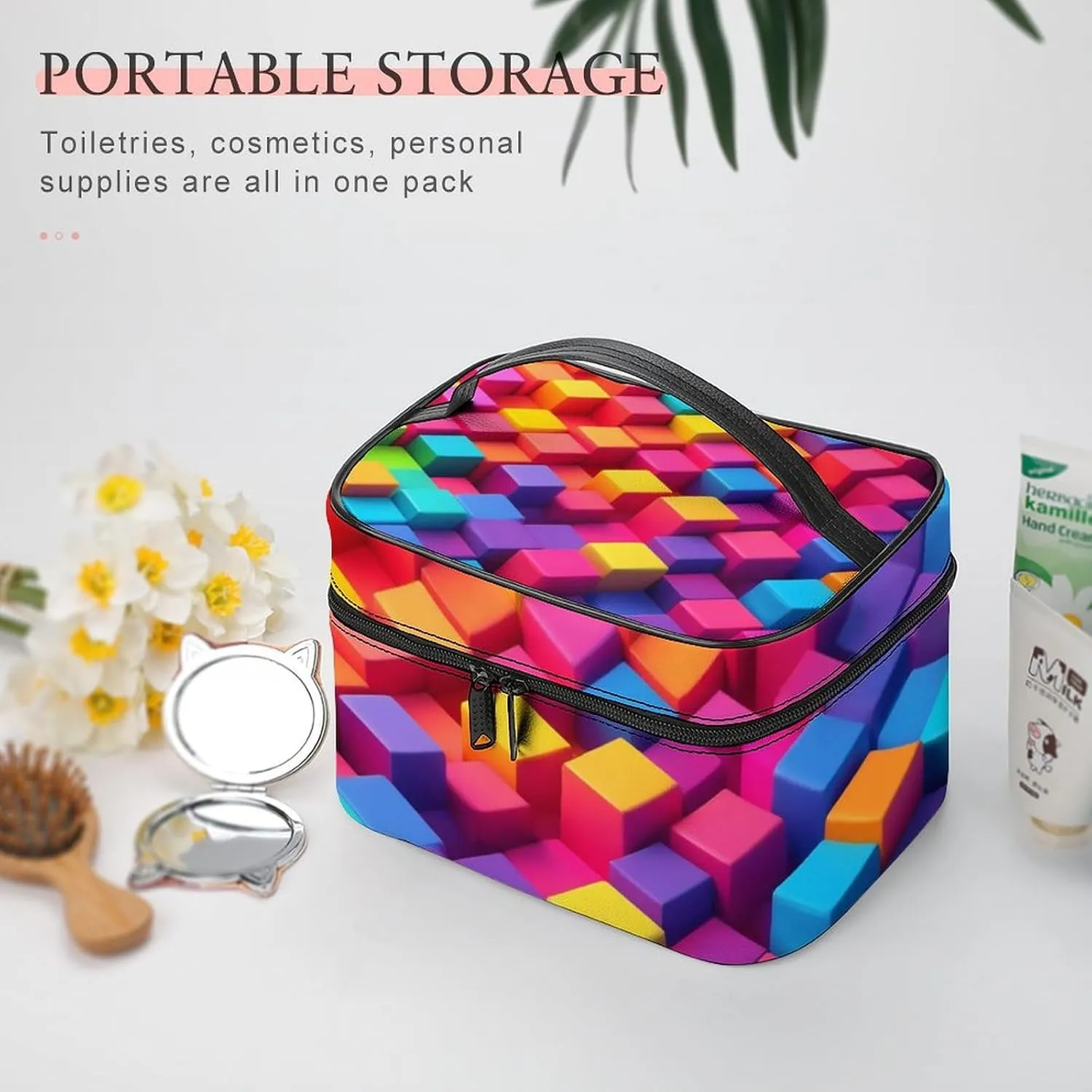 Make Up Bags Rainbow Colorful Blocks Cosmetics Organizer Case for Women, Travel Toiletry Brushes Storage Bag with Carry Handle