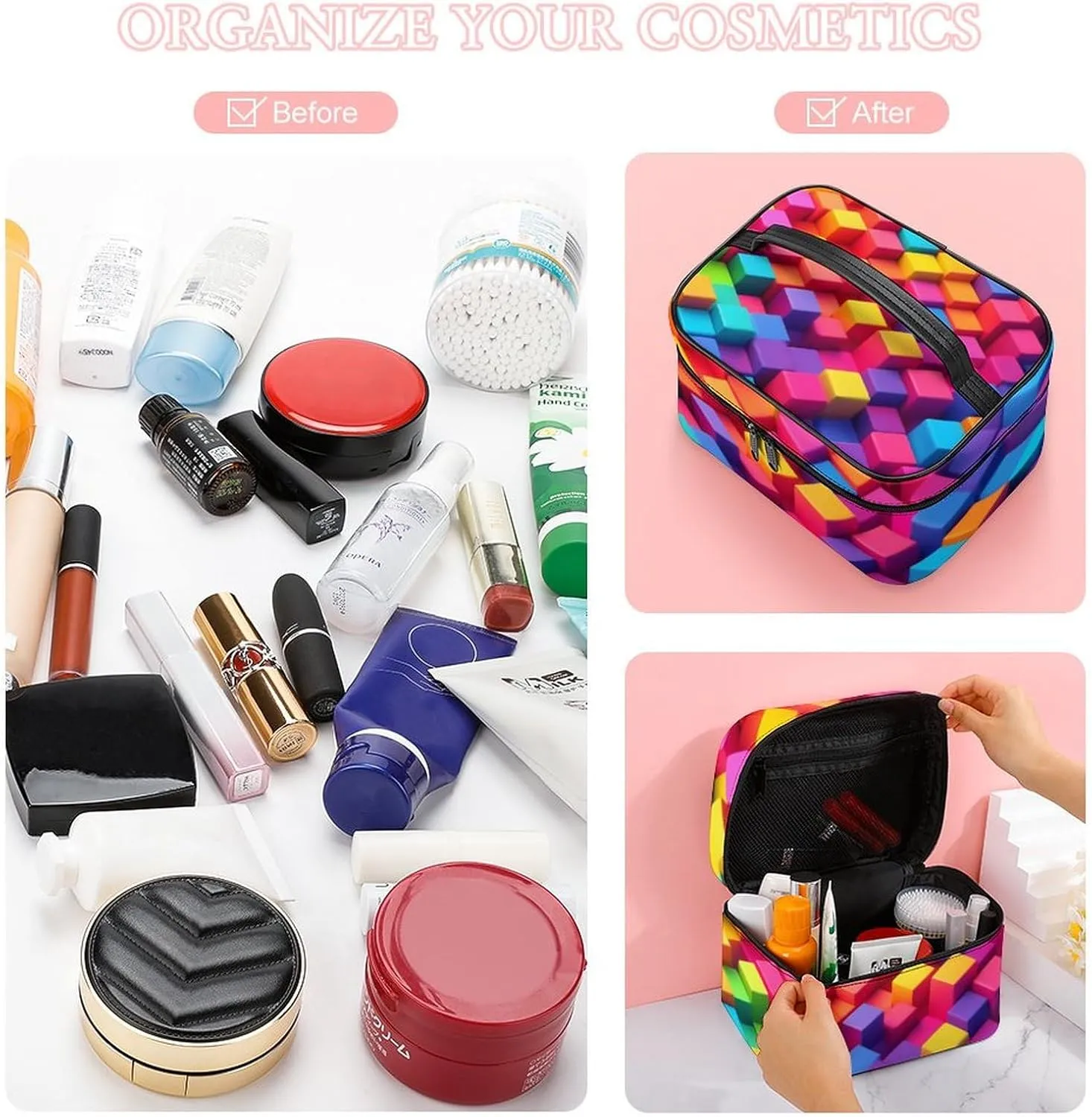 Make Up Bags Rainbow Colorful Blocks Cosmetics Organizer Case for Women, Travel Toiletry Brushes Storage Bag with Carry Handle