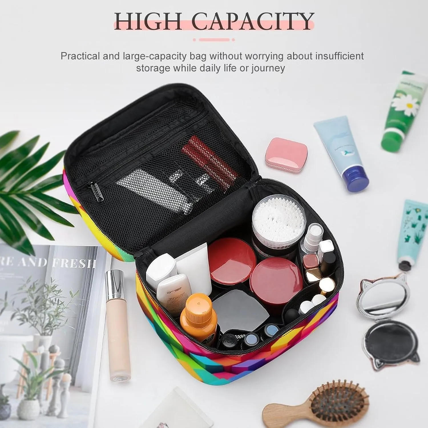 Make Up Bags Rainbow Colorful Blocks Cosmetics Organizer Case for Women, Travel Toiletry Brushes Storage Bag with Carry Handle
