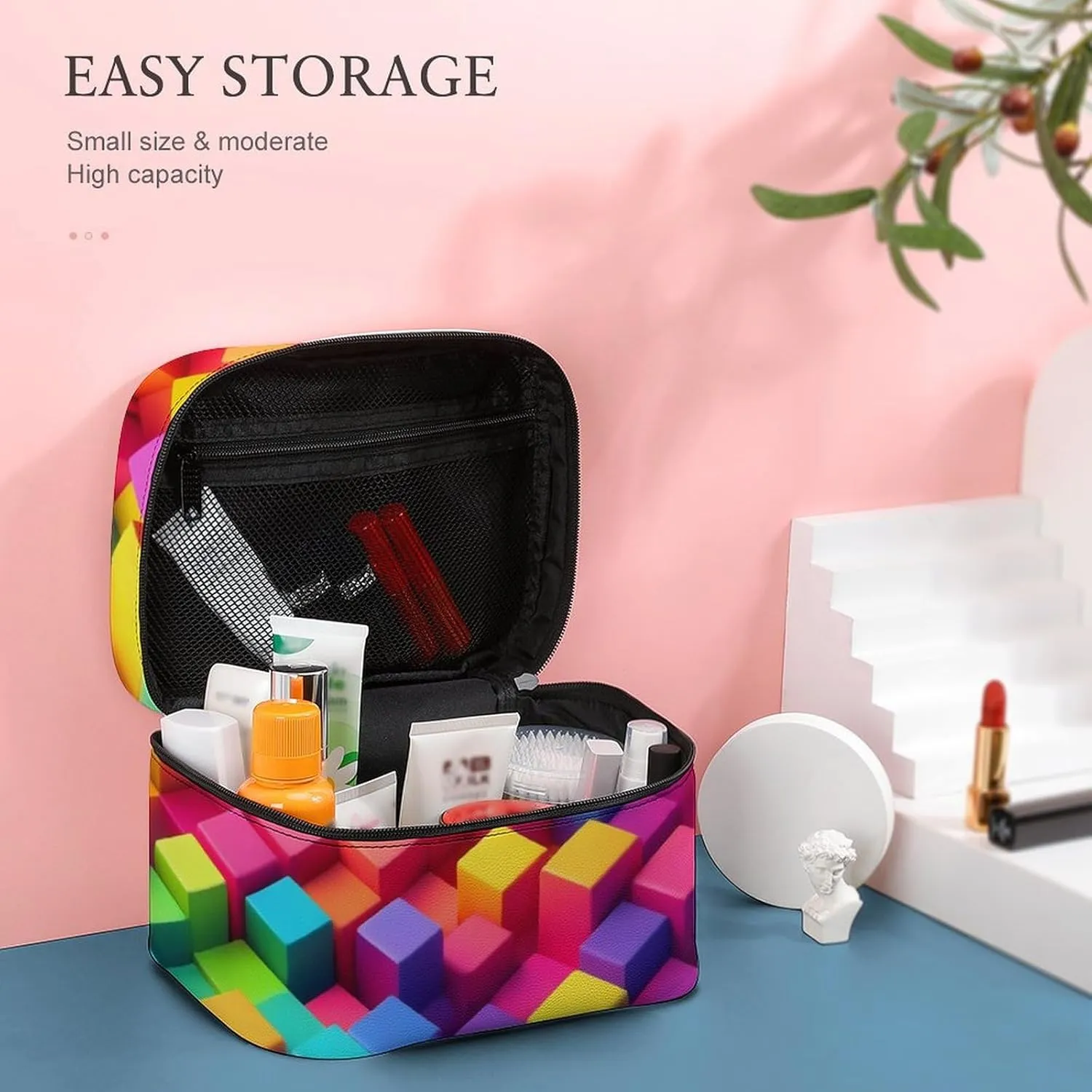 Make Up Bags Rainbow Colorful Blocks Cosmetics Organizer Case for Women, Travel Toiletry Brushes Storage Bag with Carry Handle