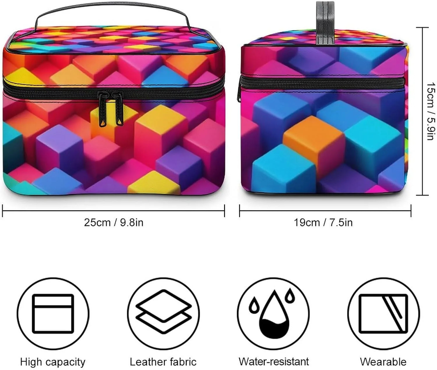 Make Up Bags Rainbow Colorful Blocks Cosmetics Organizer Case for Women, Travel Toiletry Brushes Storage Bag with Carry Handle