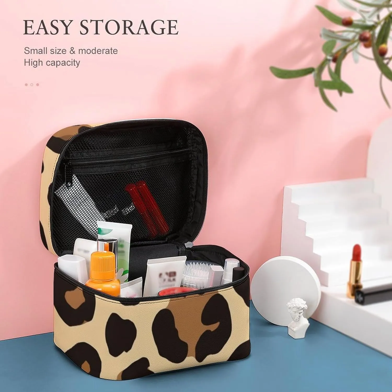 Make Up Bags Wild Cheetah Leopard Print Cosmetics Organizer Case for Women, Travel Toiletry Brushes Storage Bag with Carry Handle