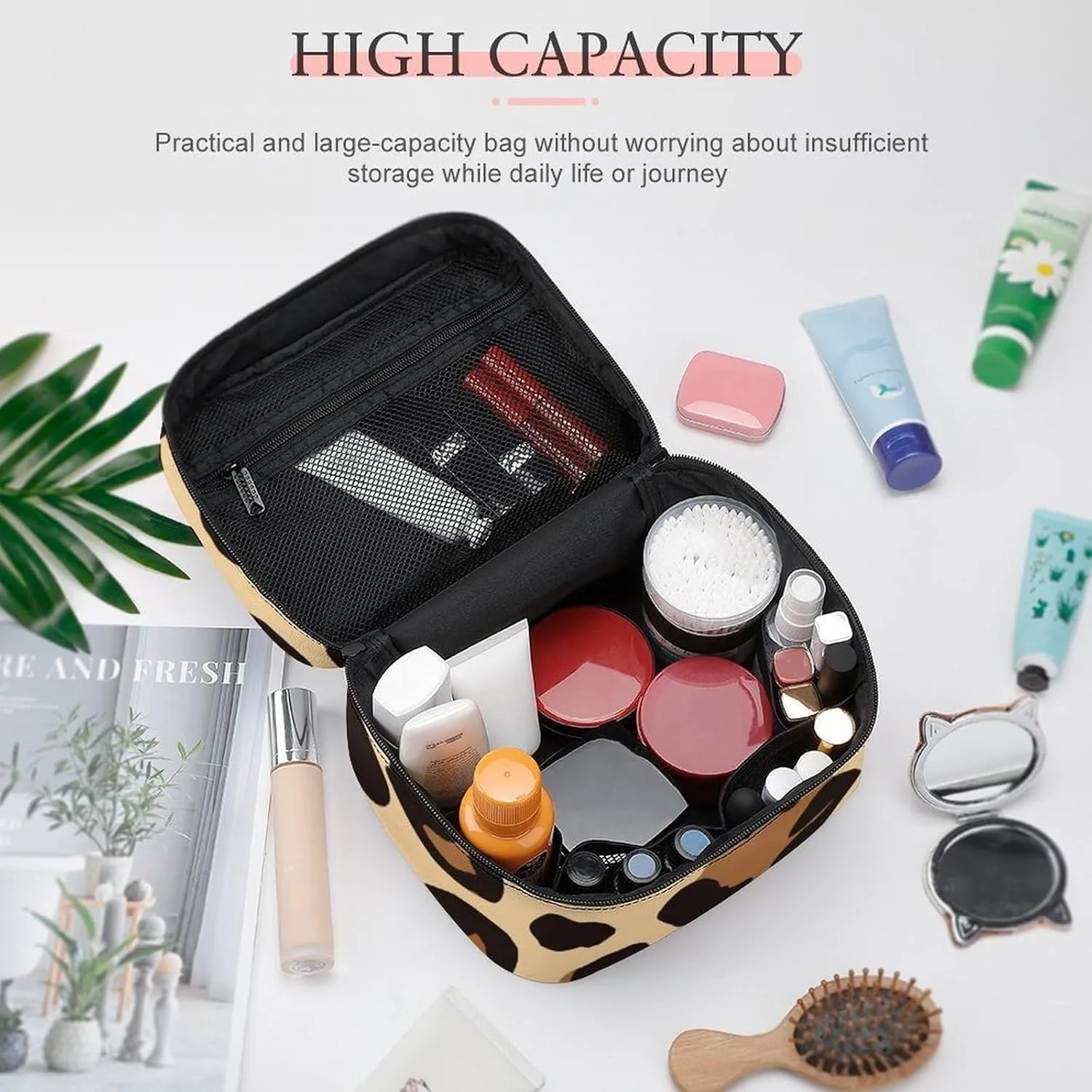 Make Up Bags Wild Cheetah Leopard Print Cosmetics Organizer Case for Women, Travel Toiletry Brushes Storage Bag with Carry Handle