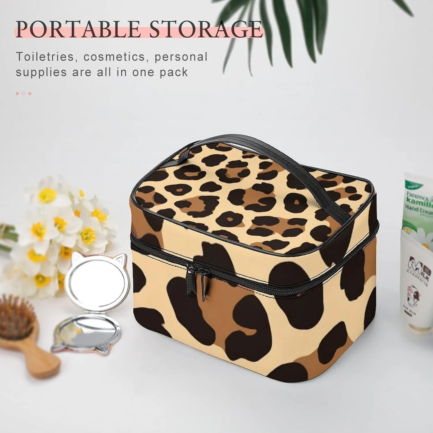 Make Up Bags Wild Cheetah Leopard Print Cosmetics Organizer Case for Women, Travel Toiletry Brushes Storage Bag with Carry Handle