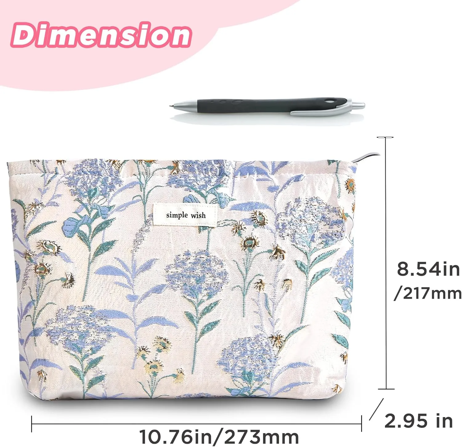 Makeup Bag Cosmetic bag Preppy Canvas Toiletry Bag for women Cute zipper pouch Organizer Travel accessories (Blue Gold Dandelion, Large)