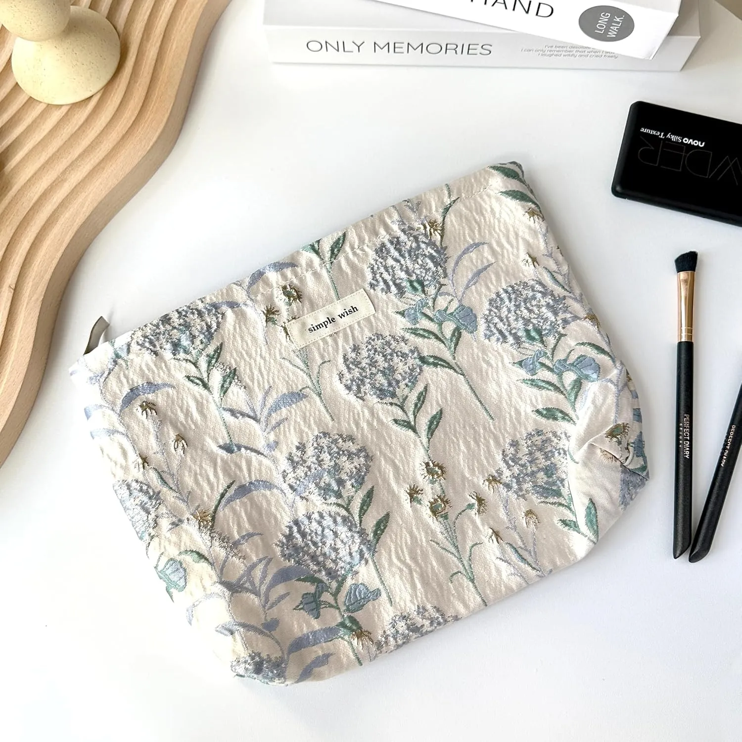 Makeup Bag Cosmetic bag Preppy Canvas Toiletry Bag for women Cute zipper pouch Organizer Travel accessories (Blue Gold Dandelion, Large)