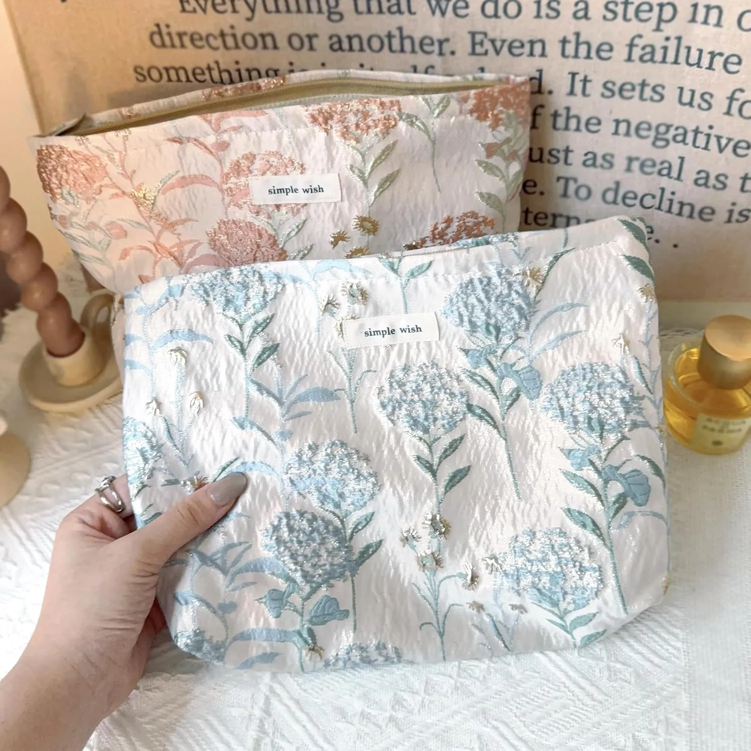 Makeup Bag Cosmetic bag Preppy Canvas Toiletry Bag for women Cute zipper pouch Organizer Travel accessories (Blue Gold Dandelion, Large)