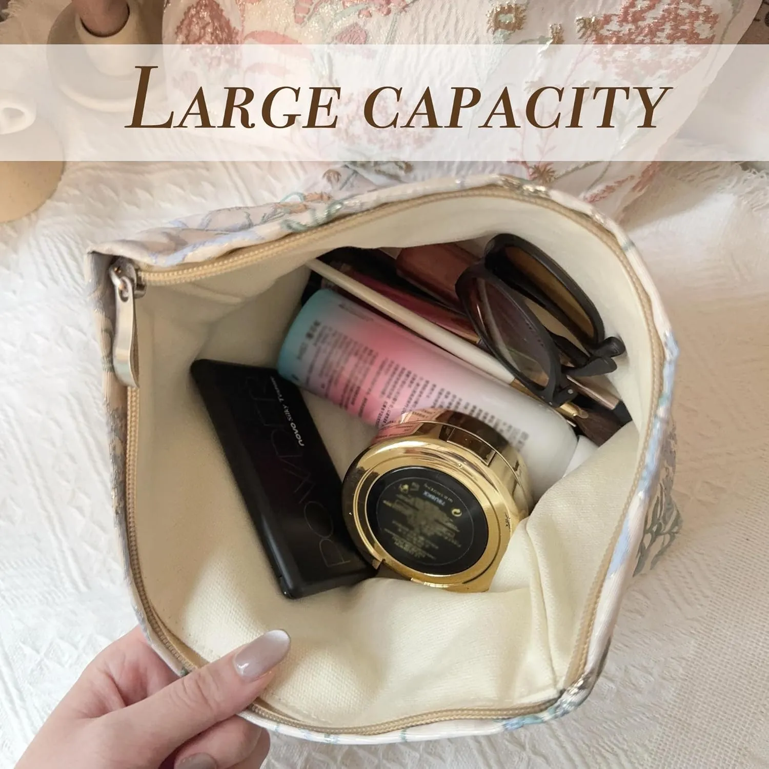 Makeup Bag Cosmetic bag Preppy Canvas Toiletry Bag for women Cute zipper pouch Organizer Travel accessories (Blue Gold Dandelion, Large)