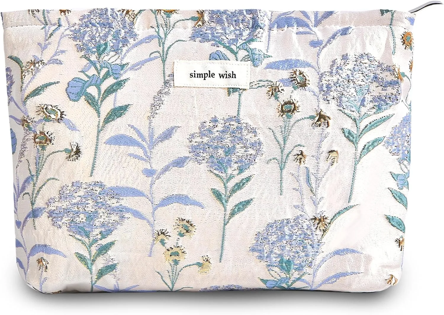 Makeup Bag Cosmetic bag Preppy Canvas Toiletry Bag for women Cute zipper pouch Organizer Travel accessories (Blue Gold Dandelion, Large)