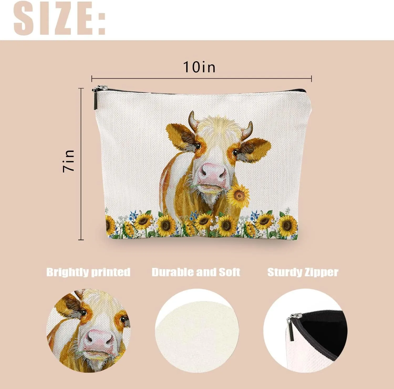 Makeup Bag Cosmetic Travel Makeup Bag Organizer Waterproof Makeup Pouch with Zipper Storage Cosmetic Pouch for Women 7x10in - Farmhouse Sunflower Cow